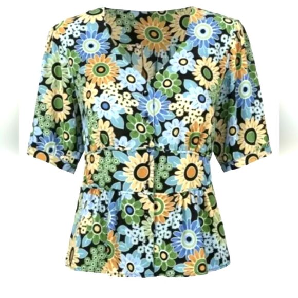 CAbi Happy Top 5900 Blouse Retro Short Sleeve Floral Button Peplum Green‎ Blue M - Picture 3 of 16